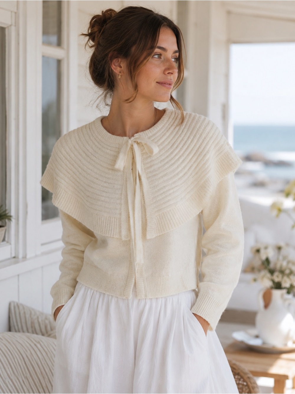 Jessica Simpson Cream Cape Collar Tie Front Knit Cardigan |M|NWT Coastal Grandma